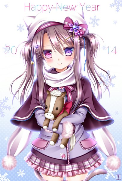 Anime picture 750x1107 with original shitou single long hair tall image looking at viewer blush smile twintails animal ears purple hair tail animal tail cat ears cat girl cat tail heterochromia new year happy new year 2014