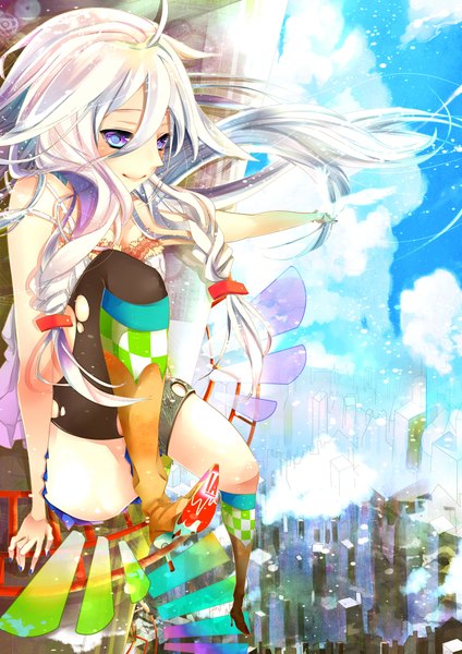 Anime picture 1414x2000 with vocaloid ia (vocaloid) togashi (choco-bakama kitchen) single long hair tall image blue eyes sitting bare shoulders sky silver hair cloud (clouds) braid (braids) nail polish twin braids checkered bad proportions girl thighhighs boots