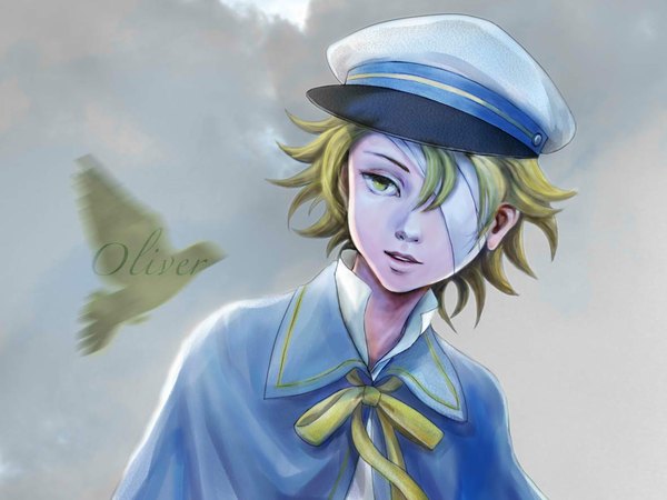 Anime picture 1181x886 with vocaloid oliver james (vocaloid) r81p single blush highres short hair open mouth blonde hair smile yellow eyes inscription bandage over one eye boy hat animal bird (birds) bandage (bandages) peaked cap