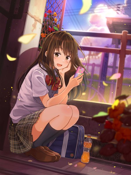 Anime picture 600x801 with original unohana kotoha niichi (komorebi-palette) single long hair tall image looking at viewer blush fringe open mouth smile brown hair holding brown eyes sky cloud (clouds) full body outdoors :d pleated skirt