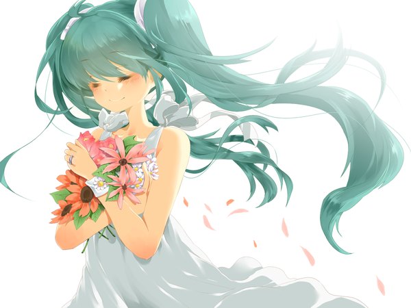 Anime picture 1400x1050 with vocaloid hatsune miku paranato (artist) single long hair simple background white background twintails eyes closed aqua hair girl flower (flowers) petals sundress
