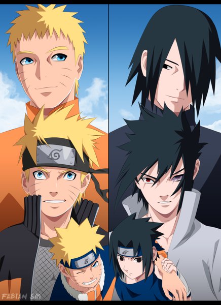 Anime picture 2371x3257 with naruto studio pierrot naruto (series) uzumaki naruto uchiha sasuke fabiansm tall image looking at viewer fringe highres short hair blue eyes black hair blonde hair smile hair between eyes red eyes purple eyes signed looking away