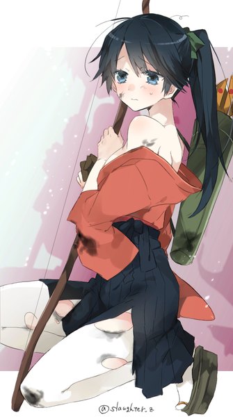 Anime picture 600x1072 with kantai collection houshou light aircraft carrier sino (sionori) single long hair tall image blush blue eyes light erotic black hair bare shoulders signed looking away ponytail traditional clothes japanese clothes torn pantyhose dirty girl ribbon (ribbons)