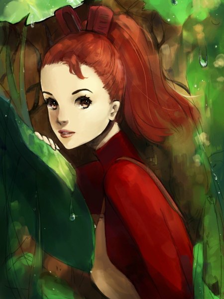 Anime picture 900x1200 with the borrower arrietty studio ghibli arrietty bluesaga331 single long hair tall image looking at viewer brown hair brown eyes ponytail girl plant (plants) water drop