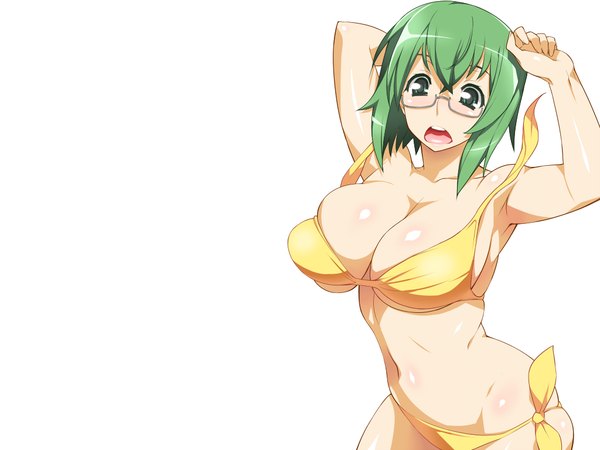 Anime picture 1024x768 with infinite stratos 8bit yamada maya single short hair breasts open mouth light erotic large breasts white background green eyes green hair girl swimsuit bikini glasses