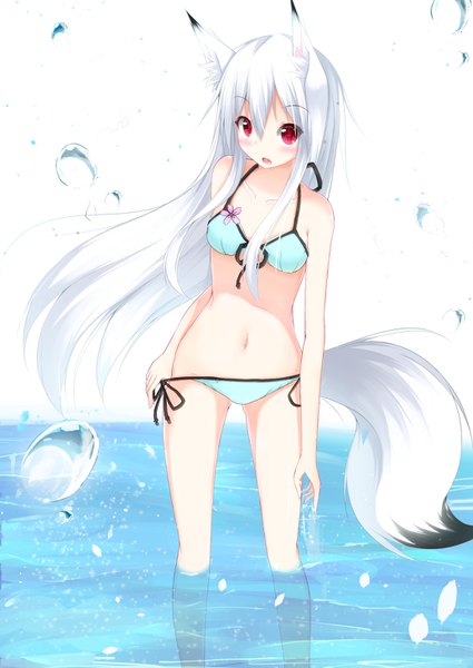 Anime picture 1032x1457 with original masa000010 single long hair tall image looking at viewer fringe open mouth light erotic hair between eyes red eyes white background animal ears silver hair tail animal tail fang (fangs) fox ears partially submerged fox tail