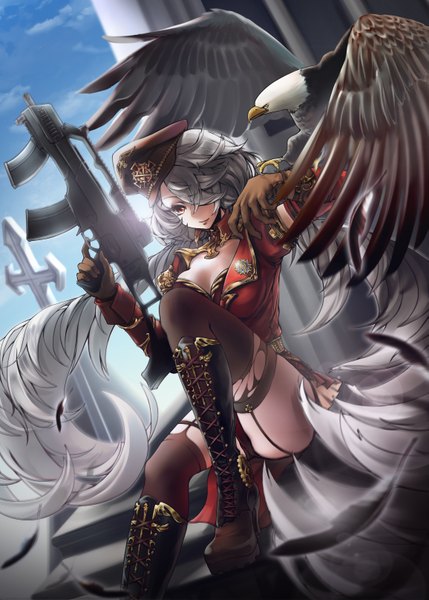 Anime picture 2310x3228 with original sunday haruko long hair tall image highres light erotic twintails grey hair pantyshot girl thighhighs gloves underwear panties weapon black thighhighs animal wings boots bird (birds)