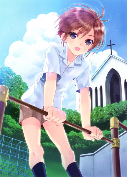 Anime picture 4099x5709 with original kasukabe akira single tall image blush highres short hair open mouth blue eyes brown hair absurdres sky cloud (clouds) girl shirt socks shorts black socks