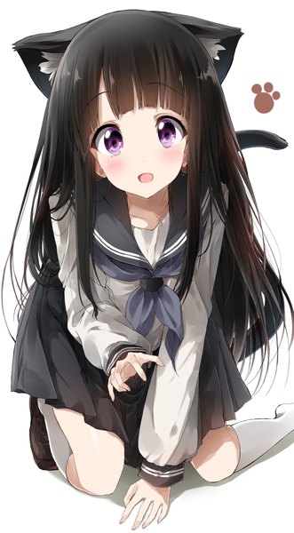Anime picture 1187x2152 with hyouka kyoto animation chitanda eru pentagon (railgun ky1206) single long hair tall image looking at viewer blush fringe open mouth black hair simple background smile white background purple eyes animal ears full body tail blunt bangs