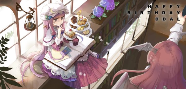 Anime picture 1248x600 with touhou patchouli knowledge koakuma anmi long hair wide image sitting multiple girls purple hair grey eyes girl dress flower (flowers) bow 2 girls glasses food headdress window sweets