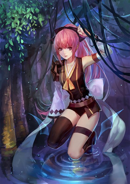 Anime picture 760x1075 with original pixiv fantasia pixiv fantasia new world ask (askzy) single long hair tall image purple eyes pink hair ponytail girl thighhighs bow black thighhighs plant (plants) hair bow tree (trees) water single thighhigh