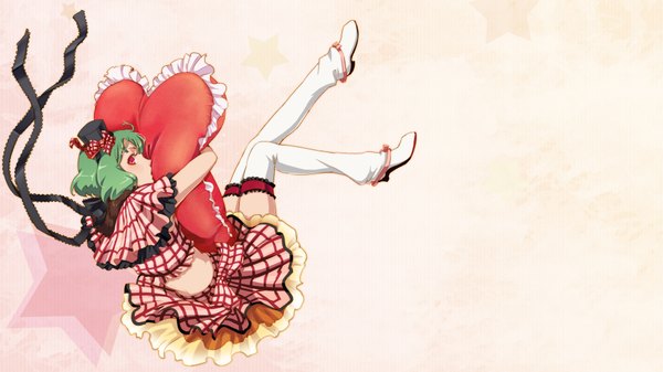 Anime picture 1920x1080 with macross macross frontier ranka lee null (chronix) single highres short hair simple background red eyes wide image profile green hair from behind midriff hug plaid skirt falling girl thighhighs hair ornament