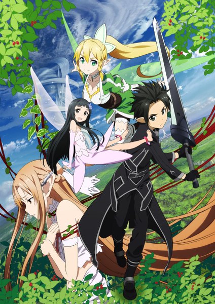 Anime picture 4092x5787 with sword art online a-1 pictures yuuki asuna kirigaya kazuto leafa yui (sao) titania (alo) long hair tall image highres short hair open mouth black hair blonde hair brown hair multiple girls brown eyes green eyes absurdres sky