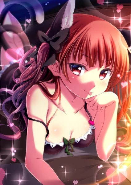 Anime picture 567x800 with touhou kaenbyou rin sui. (ayase) single long hair tall image looking at viewer blush light erotic red eyes twintails animal ears red hair tail lying very long hair animal tail blurry cat ears arm support