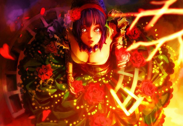 Anime picture 1920x1322 with original genki-de highres short hair open mouth blue eyes black hair from above girl dress hair ornament flower (flowers) hairband black dress rose (roses) necklace teardrop