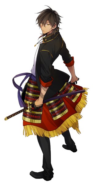 Anime picture 405x800 with touken ranbu nitroplus ookurikara xia (ryugo) single tall image fringe short hair simple background hair between eyes brown hair standing white background yellow eyes looking away full body from above tattoo boy gloves