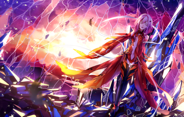 Anime-Bild 1800x1152 mit guilty crown production i.g yuzuriha inori baocaiwangfei single long hair highres open mouth bare shoulders pink hair eyes closed center opening ruins girl thighhighs navel hair ornament ribbon (ribbons) black thighhighs detached sleeves