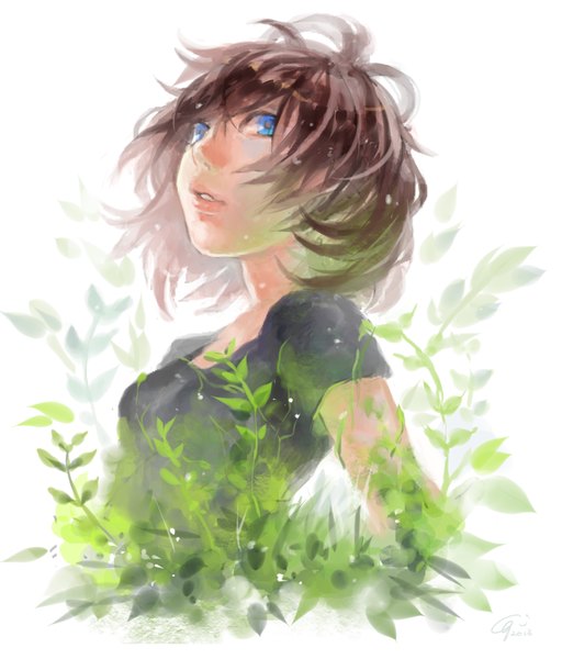 Anime picture 1000x1171 with original gunni single tall image short hair blue eyes simple background brown hair white background signed lips girl plant (plants)