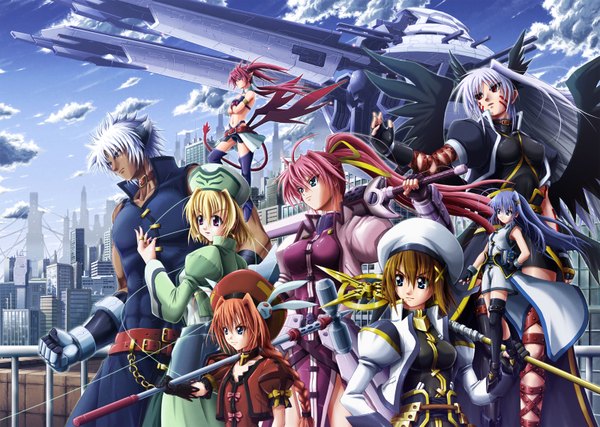 Anime picture 1600x1140 with mahou shoujo lyrical nanoha strikers yagami hayate signum vita reinforce zwei shamal zafira tagme (artist) twintails tail group weapon hat wings