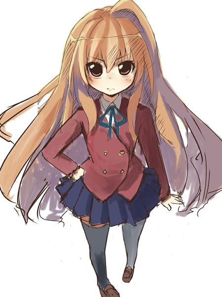 Anime picture 768x1024 with toradora j.c. staff aisaka taiga umeboshitora single tall image looking at viewer blush fringe simple background brown hair white background brown eyes very long hair pleated skirt from above hand on hip sketch girl thighhighs