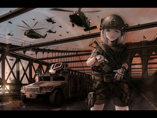 Anime picture 1080x810 with call of duty koh (minagi kou) single looking at viewer short hair blue eyes blonde hair sky letterboxed military girl gloves uniform weapon gun building (buildings) military uniform clock ground vehicle helmet