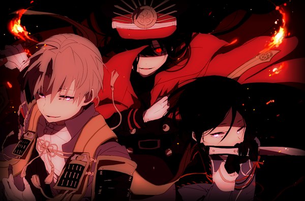 Anime picture 1566x1035 with fate (series) fate/grand order touken ranbu koha-ace fate/strange fake nitroplus oda nobunaga (fate) (all) oda nobunaga (fate) yagen toushirou heshikiri hasebe hiiragi fuyuki long hair fringe short hair black hair red eyes purple eyes grey hair hair over one eye multiple boys