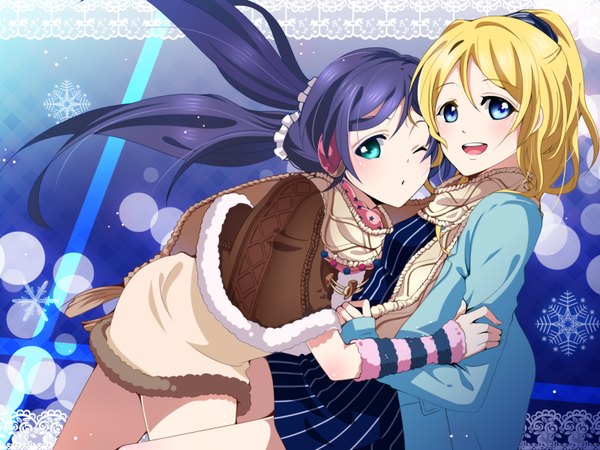 Anime picture 1600x1200 with love live! school idol project sunrise (studio) love live! toujou nozomi ayase eli m-1ng long hair looking at viewer blush open mouth blue eyes blonde hair multiple girls blue hair ponytail one eye closed wink girl dress 2 girls