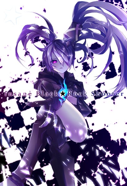 Anime picture 1711x2500 with black rock shooter insane black rock shooter takka (aegis9294) single long hair tall image looking at viewer fringe highres twintails purple eyes purple hair ass hair over one eye copyright name character names crossed legs outstretched arm checkered girl