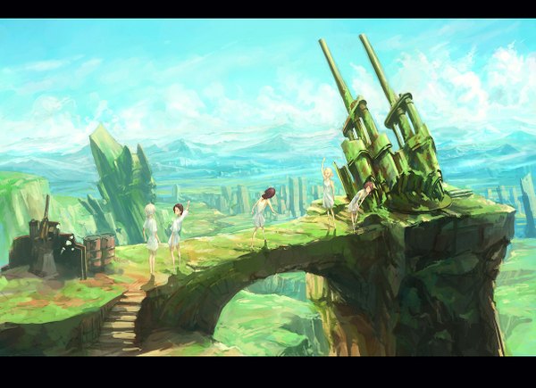 Anime picture 1212x879 with kome (artist) short hair blonde hair brown hair multiple girls sky barefoot from behind sleeveless group mountain landscape pointing river girl 5 girls stairs