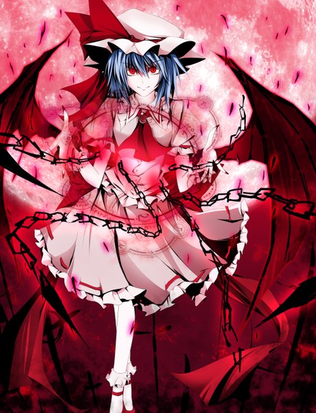 Anime picture 1000x1304 with touhou remilia scarlet pkk single tall image looking at viewer short hair red eyes blue hair magic red moon girl dress wings chain bonnet