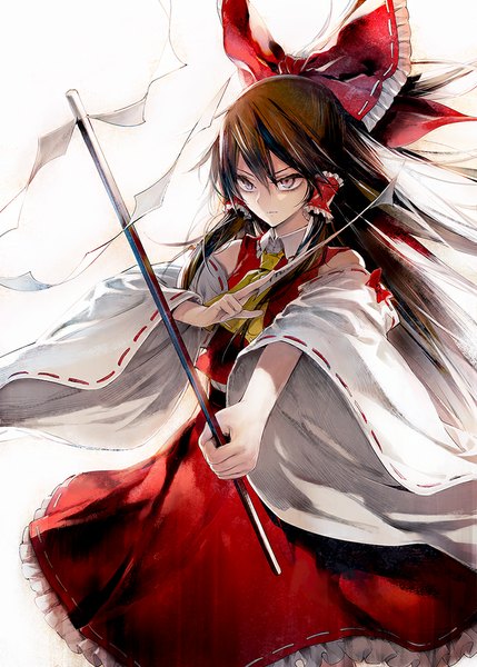 Anime picture 715x1000 with touhou hakurei reimu minakata sunao single long hair tall image simple background brown hair white background purple eyes traditional clothes japanese clothes miko girl skirt bow hair bow detached sleeves skirt set