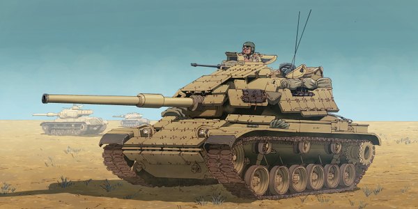 Anime picture 1500x752 with original earasensha wide image sky military field weapon gun ground vehicle tank caterpillar tracks machine gun m60