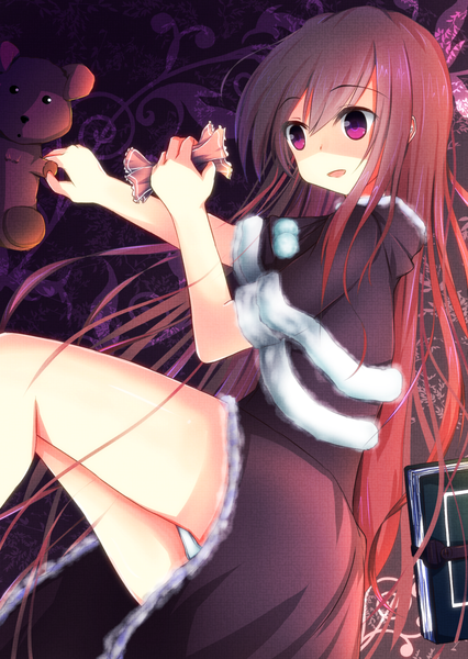 Anime picture 1013x1427 with original shirotaso0818 long hair tall image light erotic brown hair purple eyes lying pantyshot girl dress book (books) teddy bear