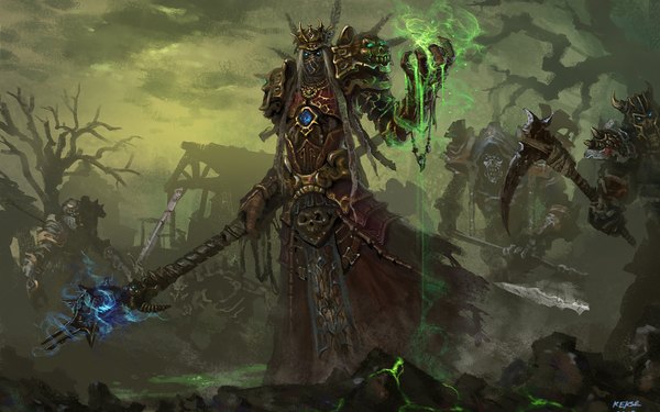 Anime picture 1680x1050 with world of warcraft blizzard entertainment single highres blue eyes blonde hair wide image skeleton monster boy boy weapon plant (plants) sword tree (trees) armor staff monster