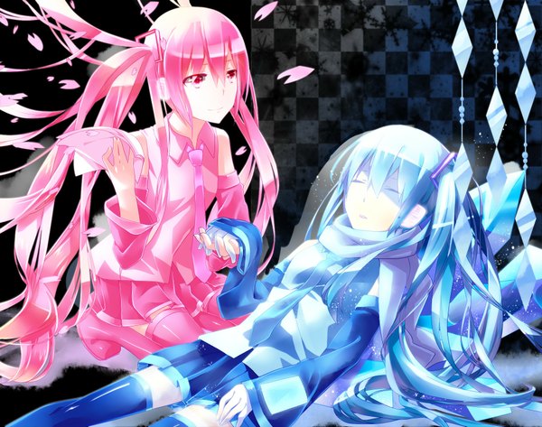 Anime picture 1900x1500 with vocaloid hatsune miku yuki miku sakura miku long hair highres twintails bare shoulders multiple girls blue hair pink hair eyes closed very long hair pleated skirt pink eyes on back zettai ryouiki cherry blossoms holding hands wariza