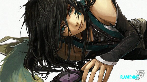 Anime picture 1920x1080 with original sadon (pixiv) single long hair highres black hair wide image lying aqua eyes inscription facial mark face paint androgynous detached sleeves goggles