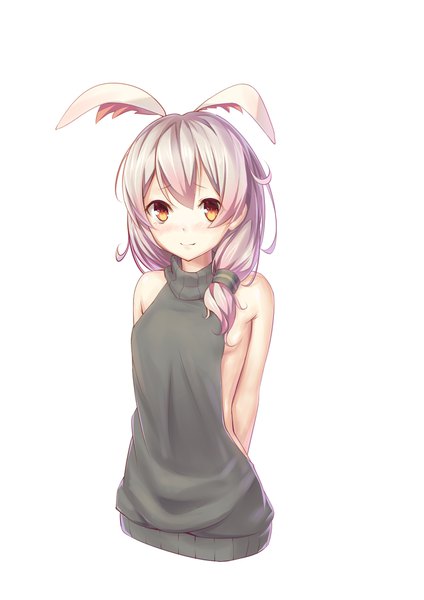 Anime picture 1497x2118 with benghuai xueyuan benghuai xueyuan 2 honkai (series) theresa apocalypse hei huo chong single long hair tall image looking at viewer blush light erotic simple background standing white background animal ears pink hair light smile orange eyes bunny ears embarrassed