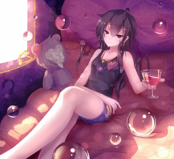Anime picture 1500x1371 with original qian ye (qys3) qys3 single long hair looking at viewer brown hair sitting grey eyes sleeveless girl shorts pillow stuffed toy drink blouse hoop earrings wine glass drop