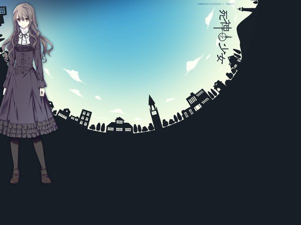 Anime picture 1600x1200 with shinigami to shojo toono sayo single long hair looking at viewer fringe black hair standing brown eyes game cg sky cloud (clouds) light smile inscription official art wallpaper city hieroglyph cityscape girl
