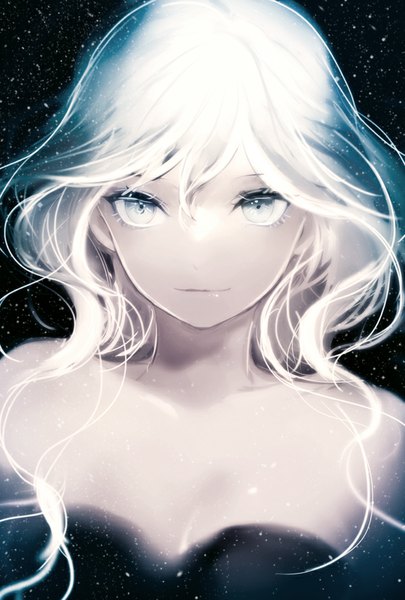 Anime picture 600x888 with original lpip single long hair tall image looking at viewer fringe smile bare shoulders white hair night grey eyes night sky close-up girl star (stars)