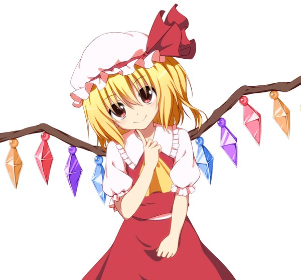 Anime picture 1000x930 with touhou flandre scarlet 40cabbage single looking at viewer short hair blonde hair simple background smile hair between eyes red eyes white background head tilt one side up finger to mouth girl dress skirt wings bonnet