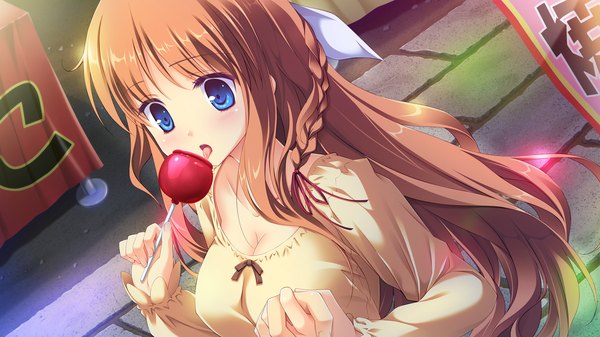 Anime picture 1920x1080 with melty moment orie yuuka long hair blush highres open mouth blue eyes brown hair wide image game cg braid (braids) eating girl dress food fruit candy apple