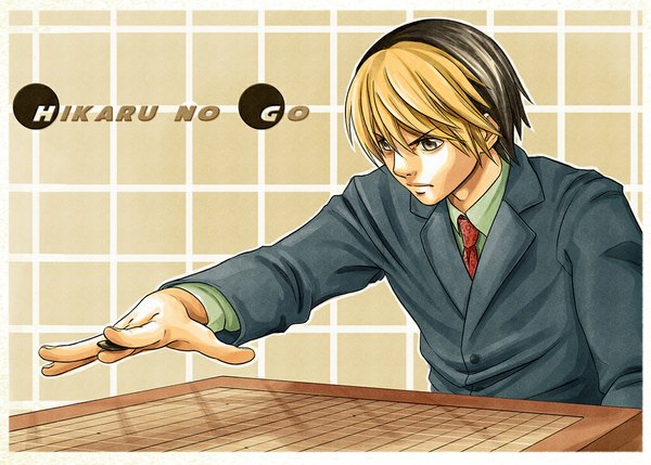 Anime picture 1055x755 with hikaru no go studio pierrot shindou hikaru coreymill single short hair black hair blonde hair brown eyes multicolored hair two-tone hair border go boy suit go board