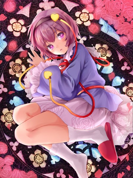 Anime picture 1422x1900 with touhou komeiji satori pn2 maru single tall image looking at viewer blush short hair open mouth purple eyes purple hair lying long sleeves wide sleeves girl skirt flower (flowers) shirt shoes heart