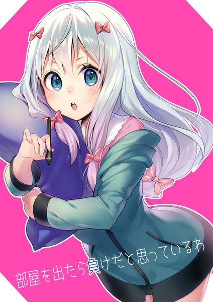 Anime picture 1000x1414 with eromanga sensei a-1 pictures izumi sagiri shirako sei single long hair tall image looking at viewer fringe open mouth blue eyes simple background hair between eyes holding silver hair :o leaning leaning forward pillow hug girl