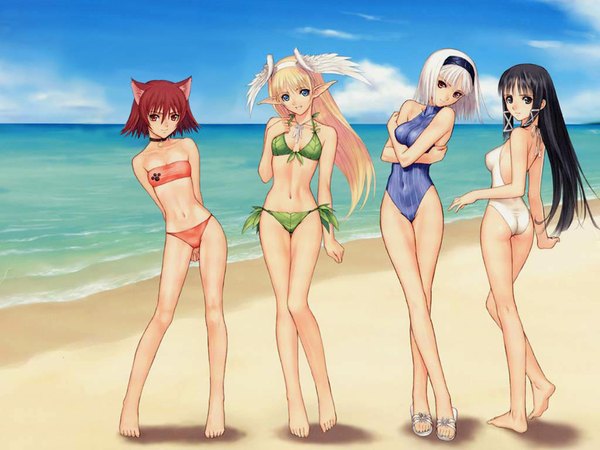 Anime picture 1024x768 with shining (series) shining tears elwing blanc neige ryuuna (shining tears) mao (shining tears) tony taka light erotic barefoot wallpaper beach head wings lineup girl swimsuit bikini one-piece swimsuit sandals