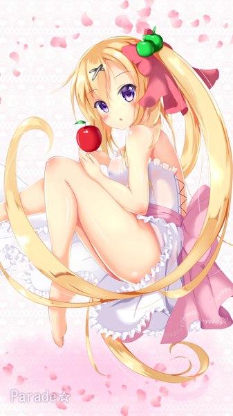 Anime picture 1080x1920 with original parade star single tall image blush light erotic blonde hair purple eyes signed bent knee (knees) very long hair barefoot :o side ponytail girl dress hair ornament bow hair bow petals