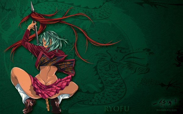 Anime picture 1920x1200 with ikkitousen ryofu housen highres light erotic wide image green hair girl skirt miniskirt