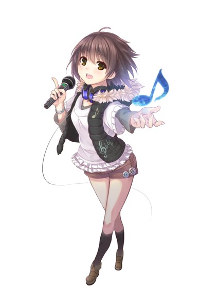 Anime picture 1653x2339 with original fujiwara mizuki single tall image looking at viewer blush short hair open mouth simple background brown hair white background brown eyes girl socks shorts black socks vest microphone musical note