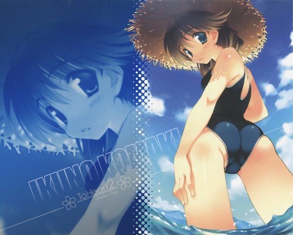 Anime picture 1280x1024 with to heart 2 leaf (studio) komaki ikuno amazuyu tatsuki open mouth blue eyes light erotic brown hair from behind sunlight from below butt crack swimsuit hat water straw hat